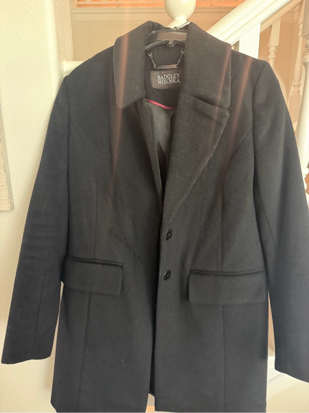 Badgley Mischka Black Wool-Blend Coat with Red Trim